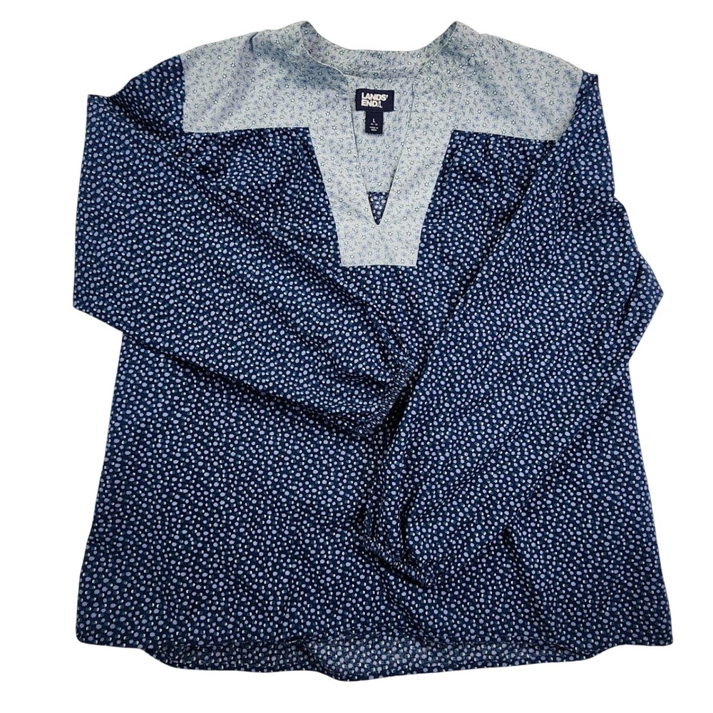 Lands End Blue Floral Split Neck Tunic Blouse Cotton Cottagecore Coastal L 14-16